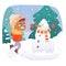 Child feeling shiver and tremble in winter weather, guy in warm clothes making snowman