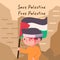 Child with flag of save palestine and free palestine that colored black white green and red in the brown background