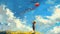 Child flying a colorful kite in a field. Kid holding a vibrant kite in a meadow. Concept of childhood, outdoor activity