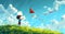 Child flying a colorful kite in a field. Kid holding a vibrant kite in a meadow. Concept of childhood, outdoor activity