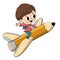 Child flying on a pencil with wings