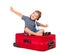 Child Flying on Travel Suitcase, Kid Pilot in Aviator Hat, White