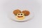 Child food. Funny food. Plate with cutlets and mashed potatoes in the form of a monkey faces. Children`s menu.