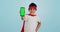 Child, game and portrait with phone green screen for superhero, justice or happy mockup with ux tracking markers. Kid