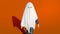 Child ghost costume halloween orange background 3D illustration