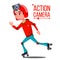 Child Girl With Action Camera Vector. Teenager. Red Helmet. Shooting Process. Active Type Of Rest. Recording Video