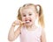 Child girl brushing teeth isolated