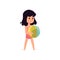 Child girl character in swimsuit holding ball, flat vector illustration isolated.