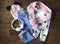Child girl clothes set top wiew. Kid`s fachion objects. Toddler outfit. Girl`s beautiful clothing flat lay