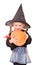 Child girl in costume Halloween witch with pumpkin