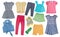 Child girl cotton bright summer clothes set collage isolated.