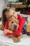 Child girl and dog at Christmas. Boxing Day. Shar Pei dog. Merry Christmas and Happy Holidays