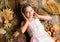 Child girl listen music headphones top view. Fall music playlist. Enjoy music and relax. Enjoy perfect sound. Girl lay