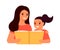 Child girl and mother read book, learn lesson. An open book for reading, learning, education and entertainment. Mom help