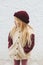 Child girl outdoor fashion outfit kid wearing hat and fluffy sherpa jacket winter stylish clothing