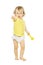 Child girl pointing finger hand forward. Kid white isolated