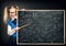 Child Girl Pointing School Blackboard with Mathematics Formulas, Amazed Kid as Teacher