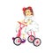 Child girl with red bows in hair in white dress sitting on pink tricycle bicycle, hand painted watercolor illustration