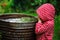 Child girl in red raincoat playing with water barrel in rainy summer garden. Water economy and nature care