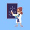 Child girl scientist writing on chalkboard, flat vector illustration isolated.