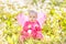Child girl sitting among dandelions