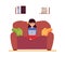 Child girl sitting on sofa with laptop flat cartoon vector illustration isolated.