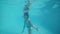 Child girl in snorkeling mask diving and swimming underwater in pool in hotel.