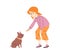 Child girl teaches dog to follow commands, flat vector illustration isolated.