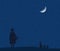 A child, a girl with a teddy bear in hand stands near a rabbit and baby rabbits silhouetted against a night sky