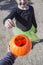 Child girl tking a sweets bag full of candies