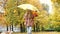 Child girl with umbrella on a autumn walk with her corgi dog