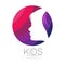 Child Girl Vector logotype in violet Color. Silhouette profile human head. Concept logo for people, children, autism