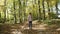 Child girl walking holding in autumn forest with bright orange and yellow leaves. Dense woods in sunny fall weather.