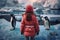 Child girl warm glacier winter penguins. Generate Ai