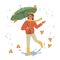 Child girl wearing warm clothes walking under rain