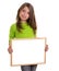 Child girl with white frame copy space white blackboard