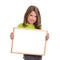 Child girl with white frame copy space white blackboard