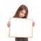 Child girl with white frame copy space white blackboard