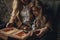 Child girl with woman in image of Sherlock Holmes sits and looks photoalbum with magnifier on background of old interior.