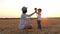 A child gives mom a sunflower flower in the field during sunset.