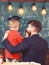 Child in graduate cap listening teacher, chalkboard on background, rear view. Teacher with beard, father hugs little son