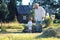 Child and grandfather rural field