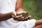 Child hand holding the soil prepare for plant