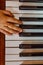 Child hand on the shiny piano keys. Top view