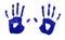 Child handprints in blue paint isolated on white background