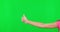 Child hands, thumbs up and approval on green screen for winning against a studio background. Hand of female kid and