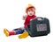 Child in hardhat with drill and toolbox