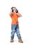 Child in headphones on a white background
