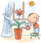 Child helping parents with the housework - watering flowers