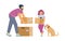 Child helps father to pack for moving to new home, vector illustration isolated.